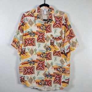 VTG Maxou Blouse Top Women's Brown XL  Equestrian Horses Western Rodeo Rayon 80s